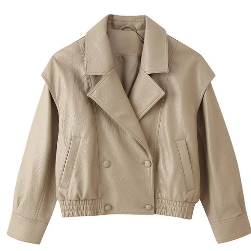 Damen Kurzblouson aus Kunstleder mit zweireihiger Knopfleiste, breitem Revers und gerafftem Bund Drune