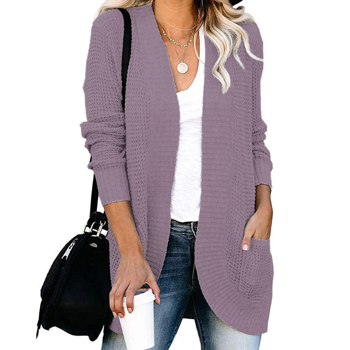Damen Langer Offener Strickcardigan mit Taschen, Rippbündchen und strukturierter Waffeloptik Drune