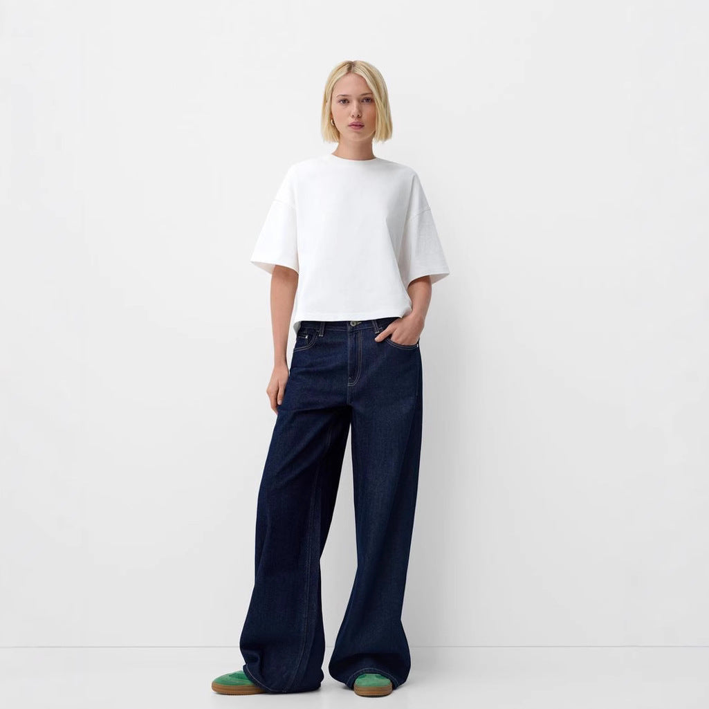 Damen nan ultraweite bodenlange Denim-Palazzohose mit cleanem Taschen-Schnitt und leichter Stretchwirkung Drune
