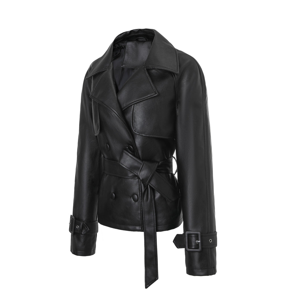 Damen Elegante Kunstlederjacke mit Gürtel Drune