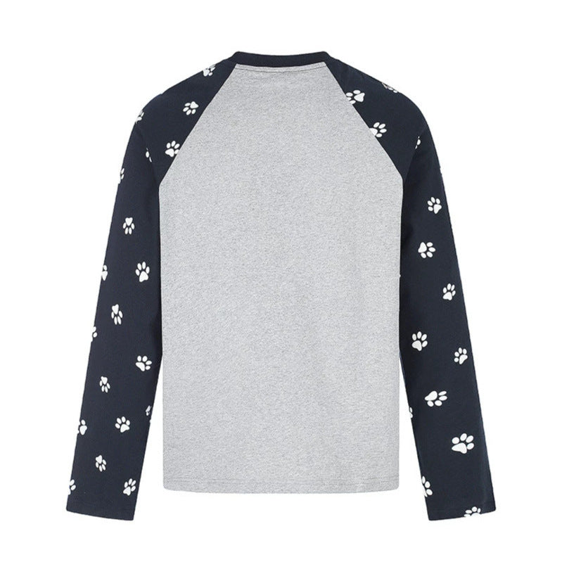 Damen Casual-Langarmshirt im Raglanstil mit Hunde-Pfotenmuster und Statement-Frontprint Drune