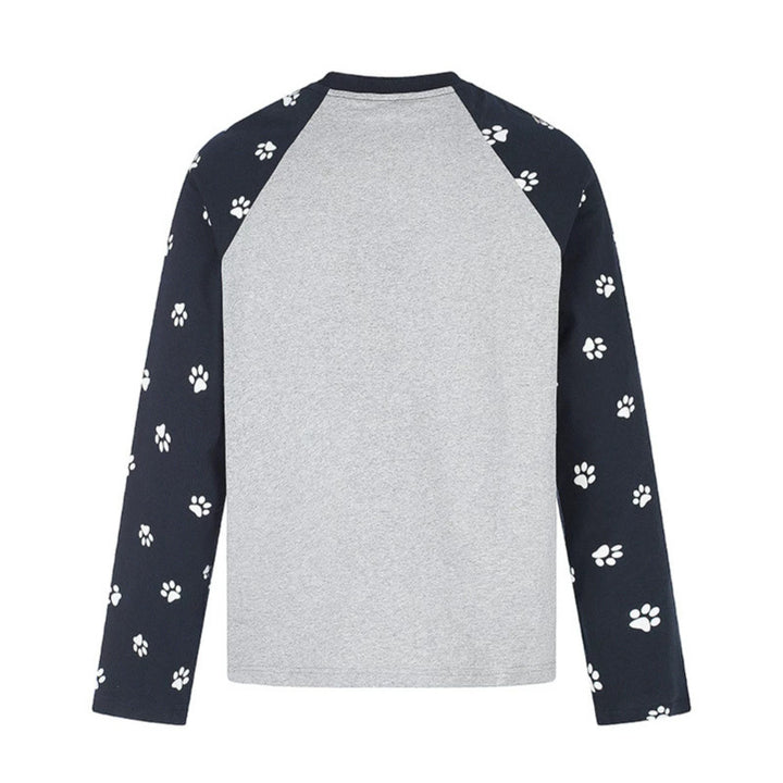Damen Casual-Langarmshirt im Raglanstil mit Hunde-Pfotenmuster und Statement-Frontprint Drune