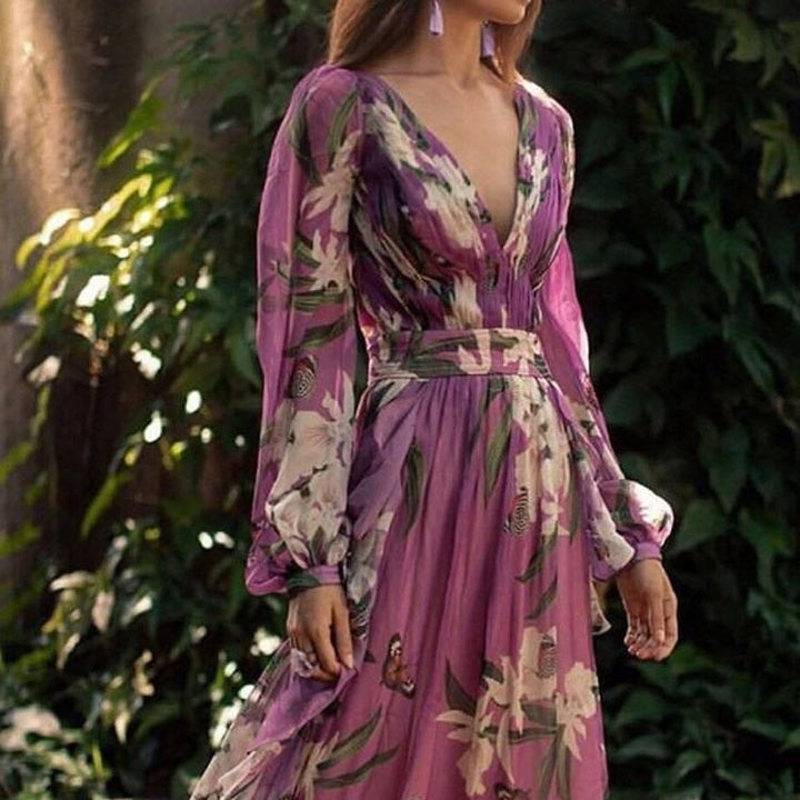 Damen Maxikleid mit tiefem V-Ausschnitt, floralem Design und schwingendem Rock Drune