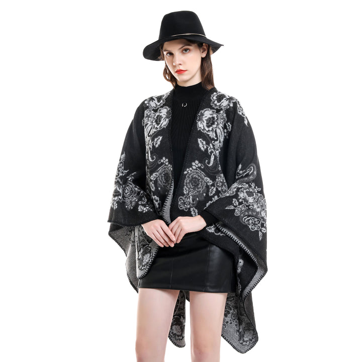 Damen Reversibler Strick-Umhang mit floraler Jacquard‑Webung und Zierkettelnaht Drune