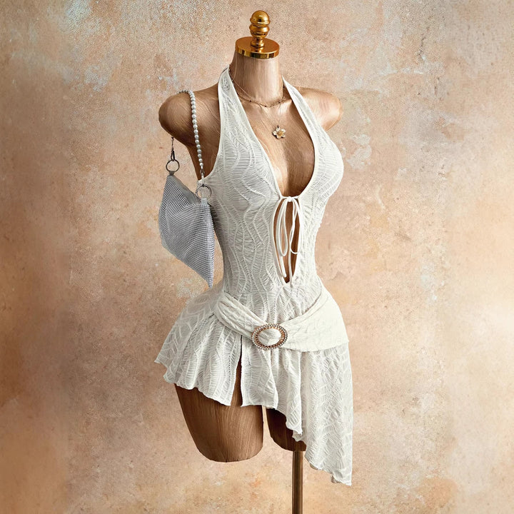 Damen nan figurbetontes Neckholder-Minikleid mit Schnürung, Cut-Out und asymmetrischem Wickelrock Drune