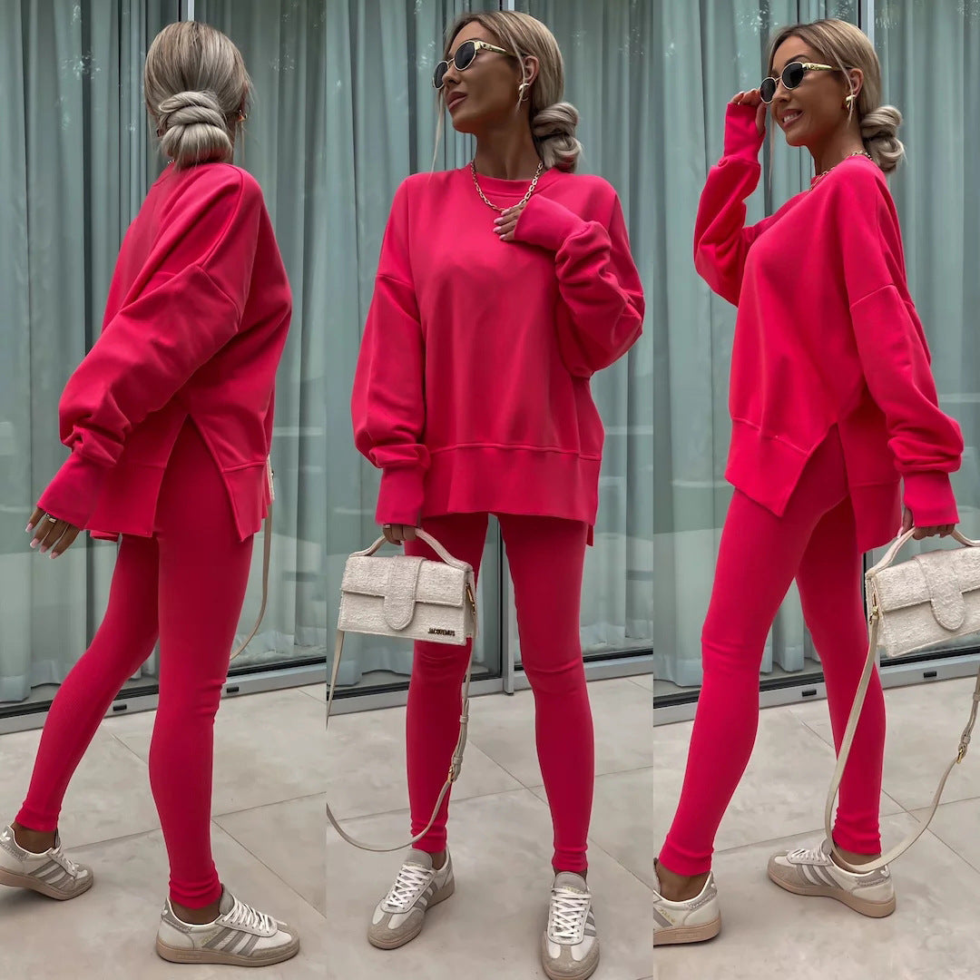 Damen komfortables Oversize-Lounge-Set mit langem Sweatshirt, gerippten High-Waist-Leggings und verlängerten Bündchen Drune