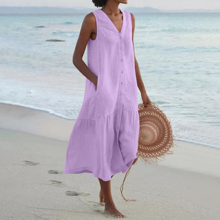 Damen luftiges Maxikleid mit Knopfleiste und praktischen Taschen Drune