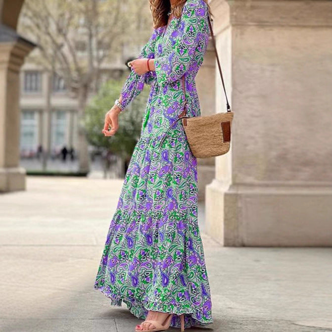 Damen Maxikleid mit floralen Mustern und modischem Taillengürtel Drune
