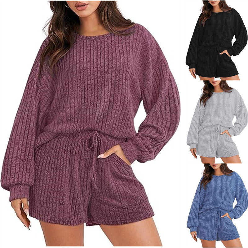 Damen gemütlicher Fleece Lounge-Anzug mit weiten Ärmeln und elastischem Bund Drune