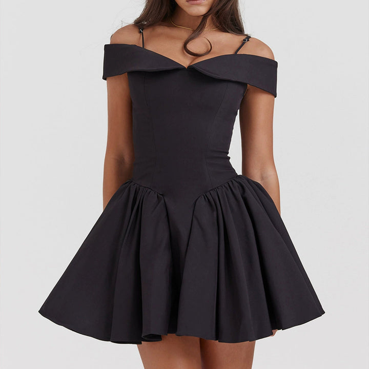 Damen Elegantes Off-Shoulder Minikleid mit voluminösem Saum und raffinierten Falten Drune