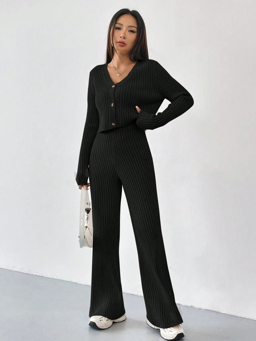 Damen Strick Set mit V-Ausschnitt und weitem Bein Drune