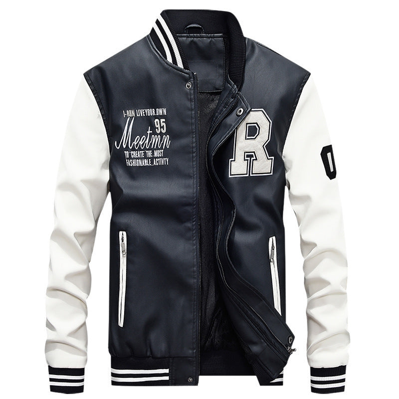 Herren Varsity-Bomberjacke im College‑Stil aus Kunstleder mit kontrastierenden Ärmeln und Stickpatches Drune