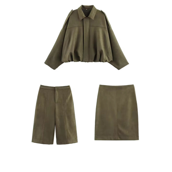 Damen Oversize-Suede-Blouson mit verkürztem Saum und Schulterklappen Drune