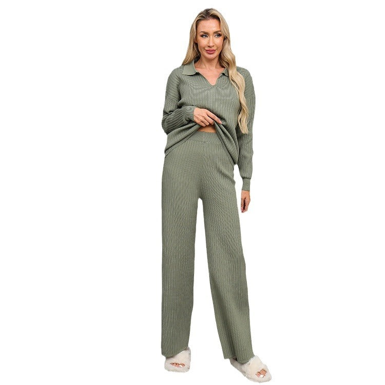 Damen elegantes und bequemes Strick-Lounge-Set mit Polokragen Drune
