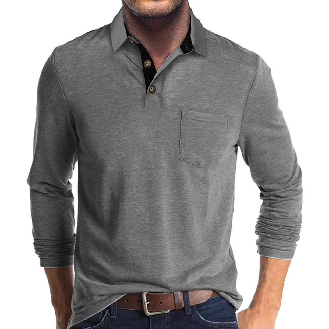 Herren langärmliges Polohemd mit Brusttasche, Kontrastknopfleiste und legerer Stretch-Passform Drune