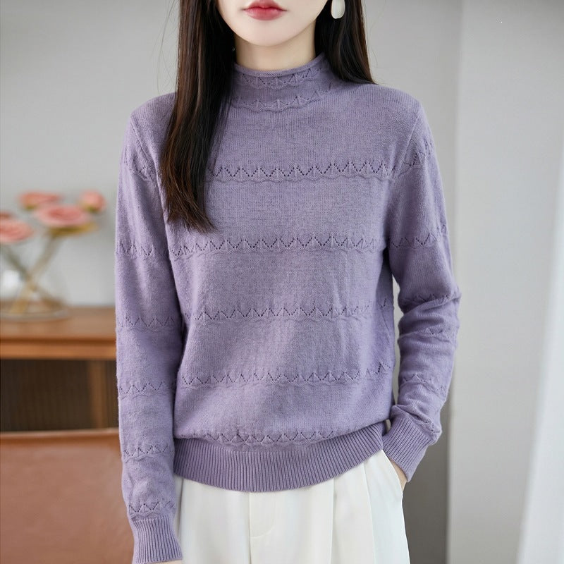 Damen Leichter Ajourstrick-Pullover mit kurzem Stehkragen und feinem Rippsaum Drune