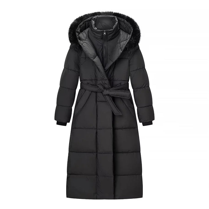 Damen nan lang geschnittener Thermosteppmantel mit separater Innenjacke, Kapuze und Bindegürtel Drune