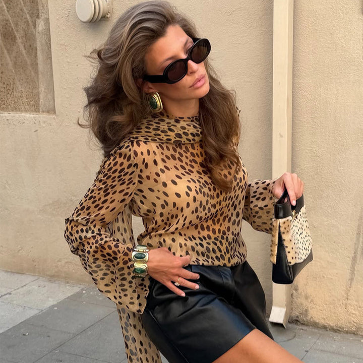 Damen Transparente Chiffon-Bluse mit langem Schalkragen und Animal-Print Drune