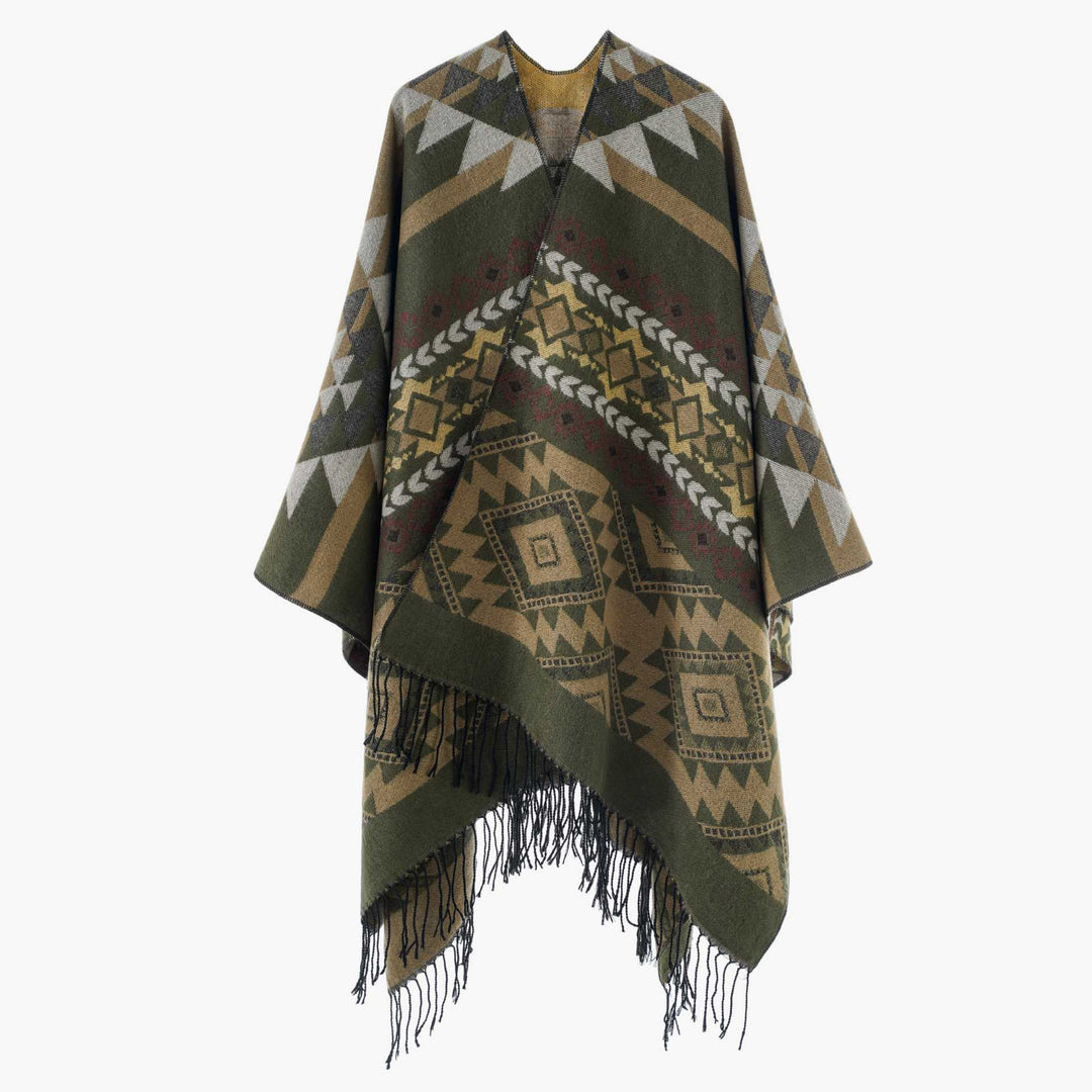 Damen Oversize Jacquard‑Überwurf im Ethno‑Muster mit Fransen Drune
