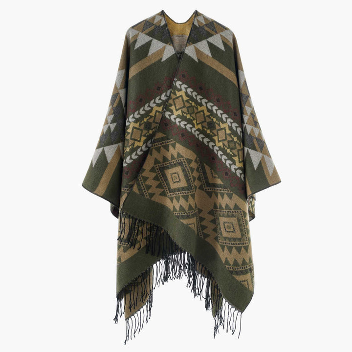 Damen Oversize Jacquard‑Überwurf im Ethno‑Muster mit Fransen Drune