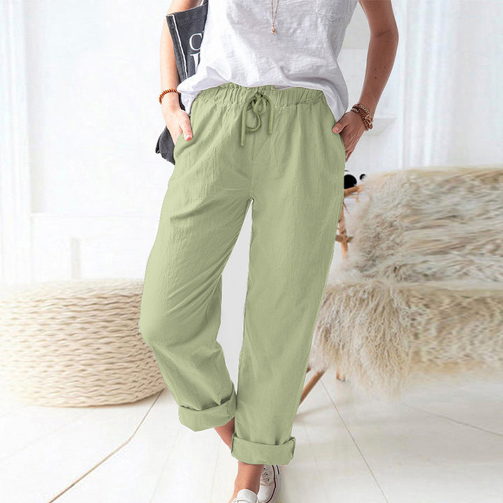 Damen Lockere Leinenoptik-Hose mit Elastischem Bund, Kordelzug und Aufgeschlagenem Saum Drune