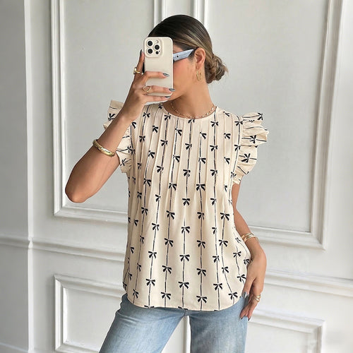 Damen Leichte Baumwollbluse mit Rüschenärmeln, Plissee-Falten und Schleifenprint Drune