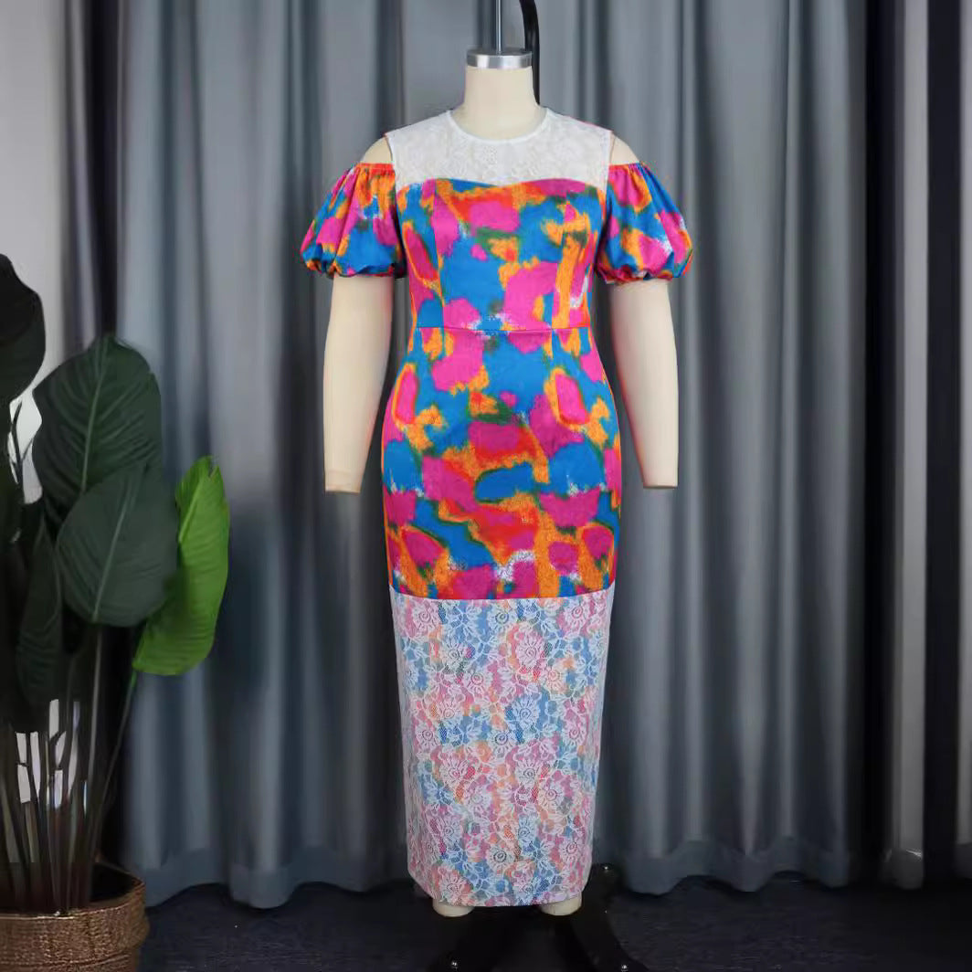 Damen Maxikleid mit voluminösen Puffärmeln und floralem Spitzenbesatz Drune