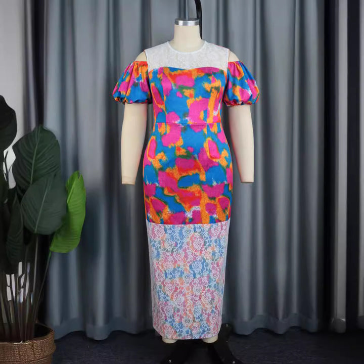 Damen Maxikleid mit voluminösen Puffärmeln und floralem Spitzenbesatz Drune