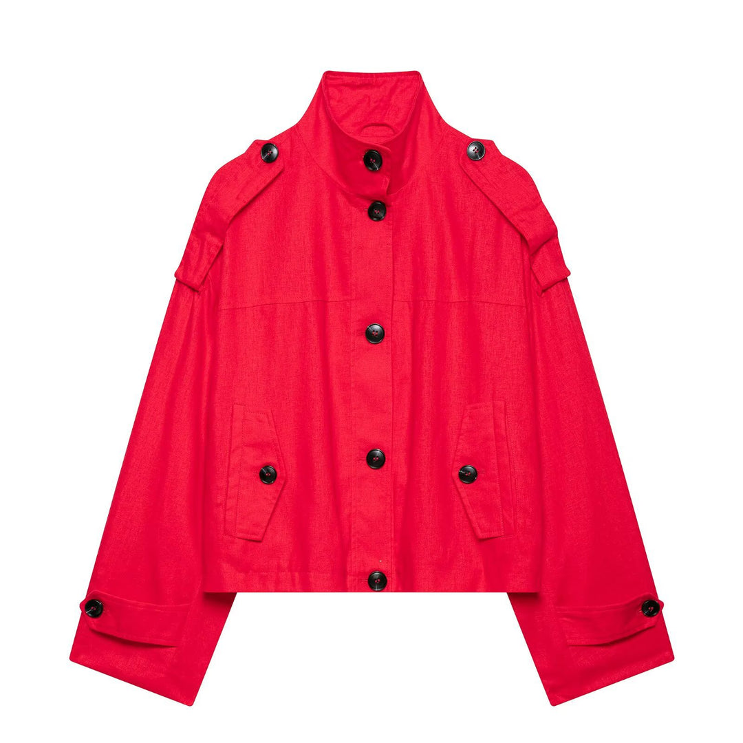 Damen 20+ kurzer Cape‑Trench mit Stehkragen und überlappenden Schulterriegeln Drune