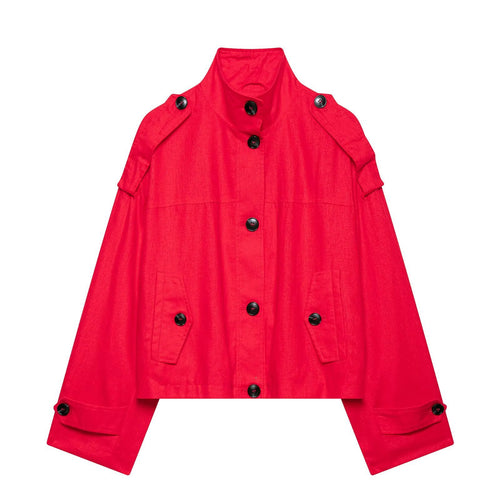 Damen 20+ kurzer Cape‑Trench mit Stehkragen und überlappenden Schulterriegeln Drune