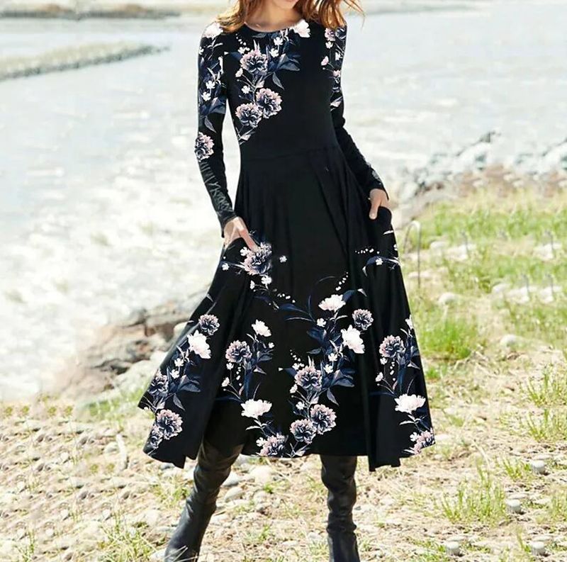 Damen nan Boho-Maxikleid mit taillierter Empire-Passe, langen Ärmeln und Seitentaschen Drune