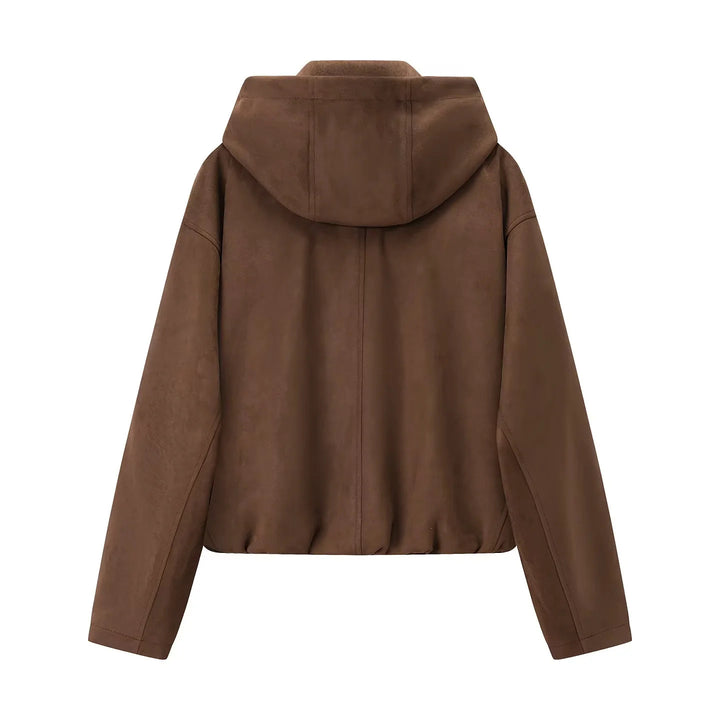 Damen nan kastige Veloursimitat-Kapuzenjacke mit verdecktem Reißverschluss und elastischem Saum Drune