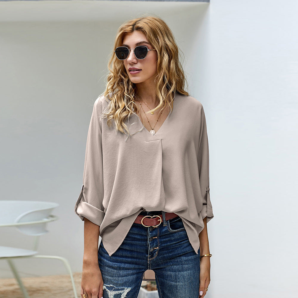 Damen Bluse mit V-Ausschnitt und lässigen langen Ärmeln Drune
