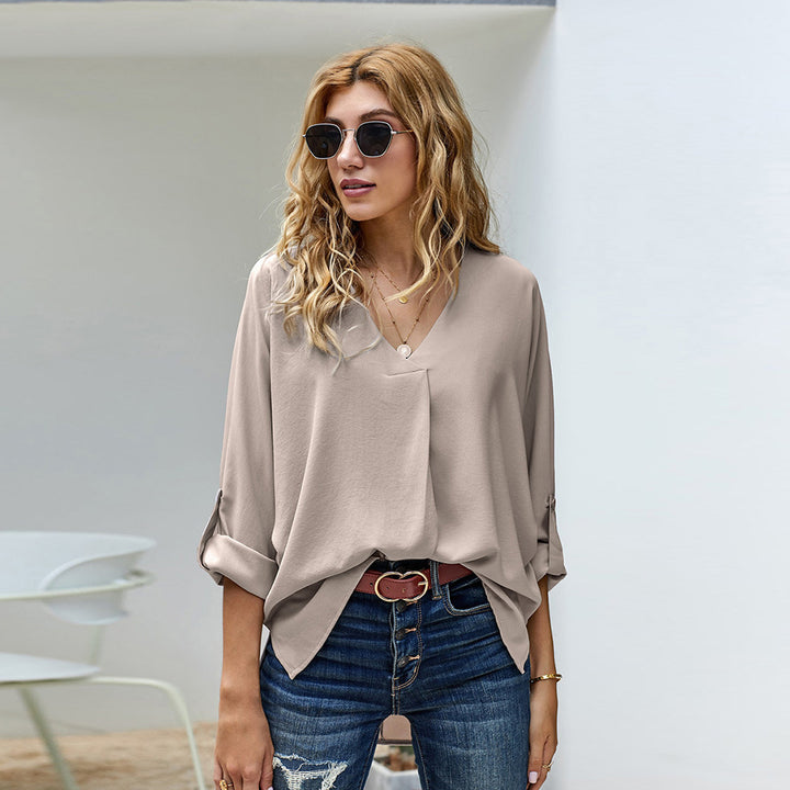 Damen Bluse mit V-Ausschnitt und lässigen langen Ärmeln Drune