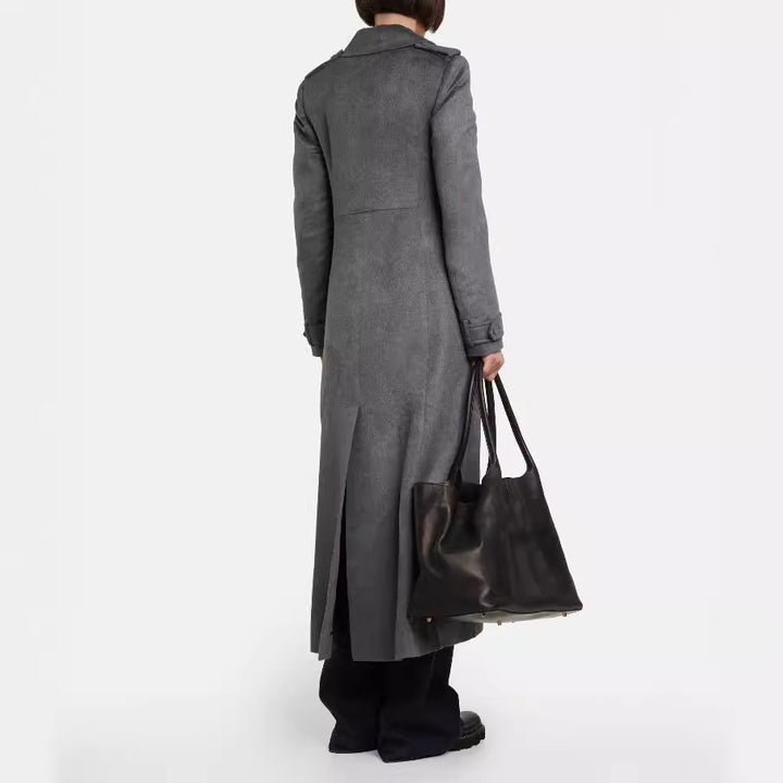 Damen Bodenlanger Zweireihiger Mantel im Vintage-Tailoring mit breitem Schalkragen Drune