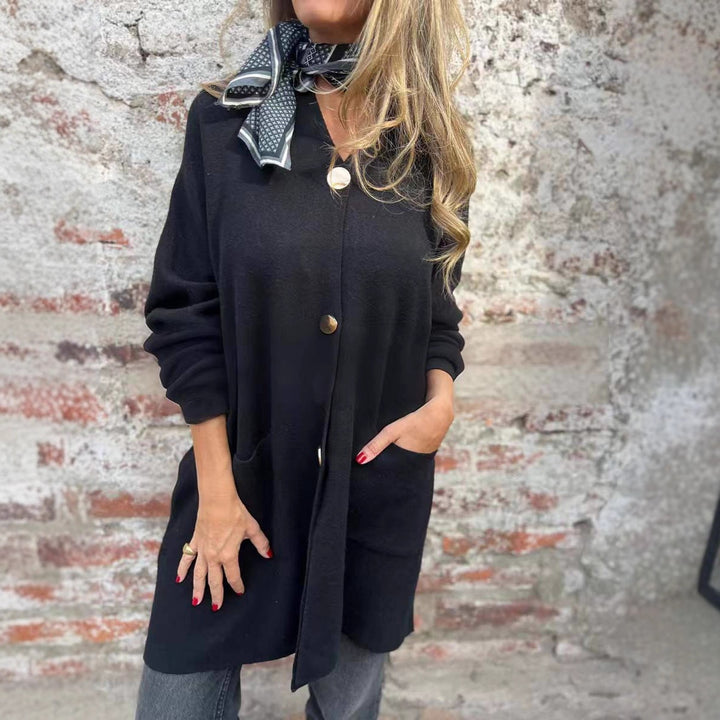 Damen Oversize Strickmantel-Cardigan mit aufgesetzten Taschen und Zierknöpfen Drune