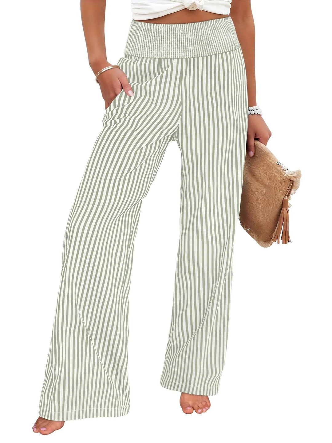 Damen Gestreifte Palazzo-Hose mit hohem, gerafftem Bund und weitem Bein Drune
