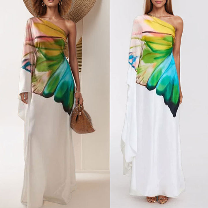 Damen Maxikleid mit asymmetrischem Design und künstlerischem Druck Drune