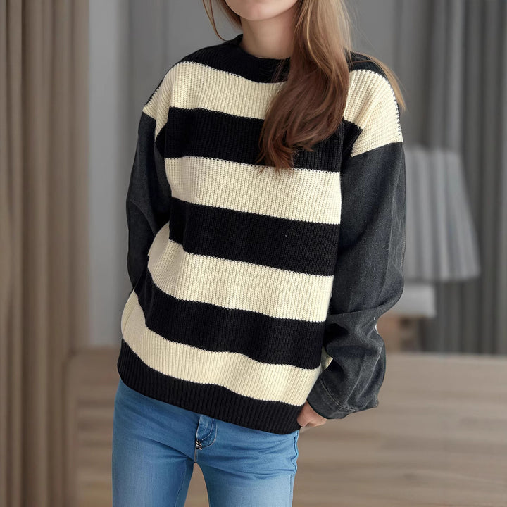 Damen lässiger Strickpullover mit auffälligem Blockstreifenmuster und weiten Ärmeln Drune