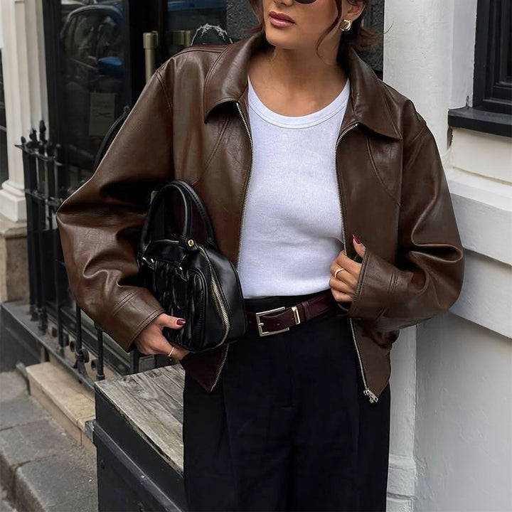 Damen nan kurze Oversize-Lederjacke mit Hemdkragen, sichtbarem Reißverschluss und lässiger Silhouette Drune