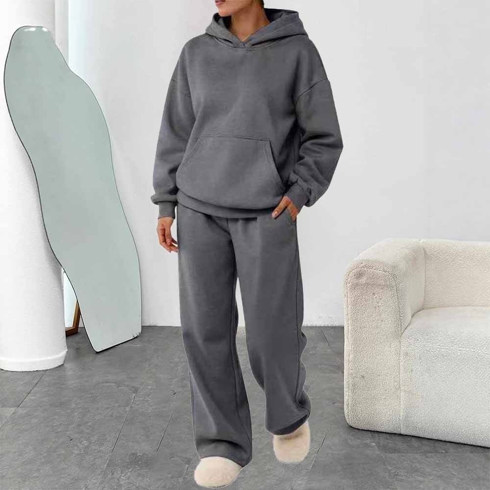 Damen nan zweiteiliges Freizeit-Lounge-Set mit Kapuzenpullover, Kängurutasche und gerader Loungehose aus weichem Baumwollmix Drune