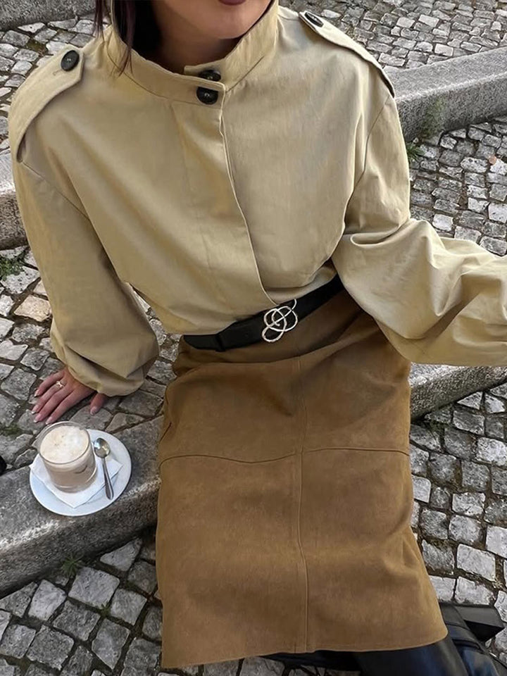 Damen Kurzbluse-Trench mit Stehkragen, Schulterpatten und Ballonärmeln Drune