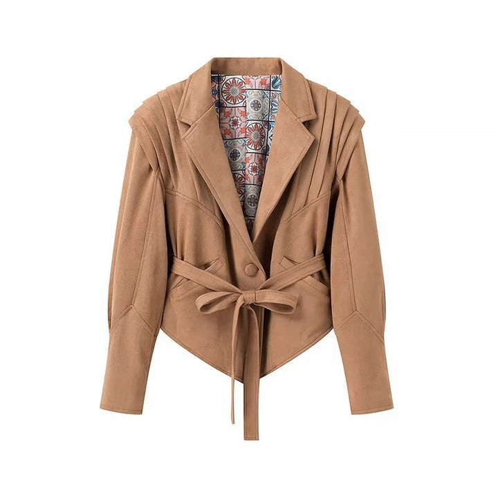 Damen nan taillierte Veloursoptik Blazerjacke mit Bindegürtel, betonter Schulter und gemusterter Innenfütterung Drune