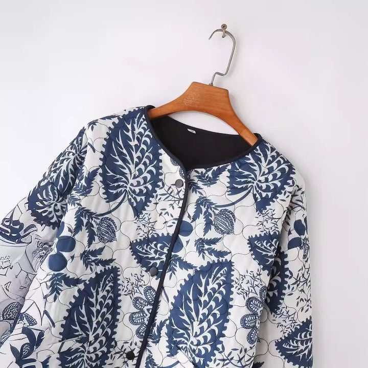 Damen gestepptes Blumenjacke mit innovativen Tasche und Rundhals Drune