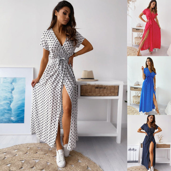 Drune | Gedrucktes Polka-Dot-Band Taille Maxi Kleid