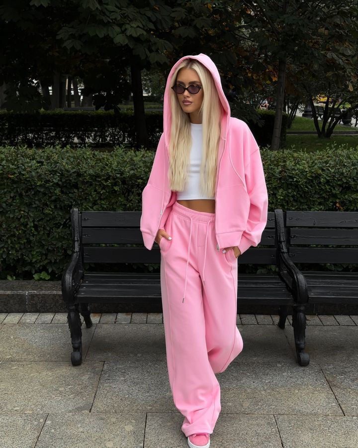 Damen lässiges Kapuzen-Sweatshirt mit Reißverschluss und weiten High-Waist Jogginghose Drune
