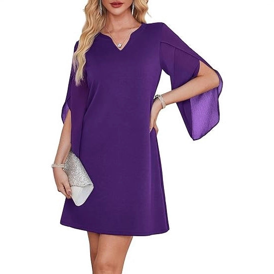 Damen V-Ausschnitt Kleid mit transparenten Ärmeln Drune