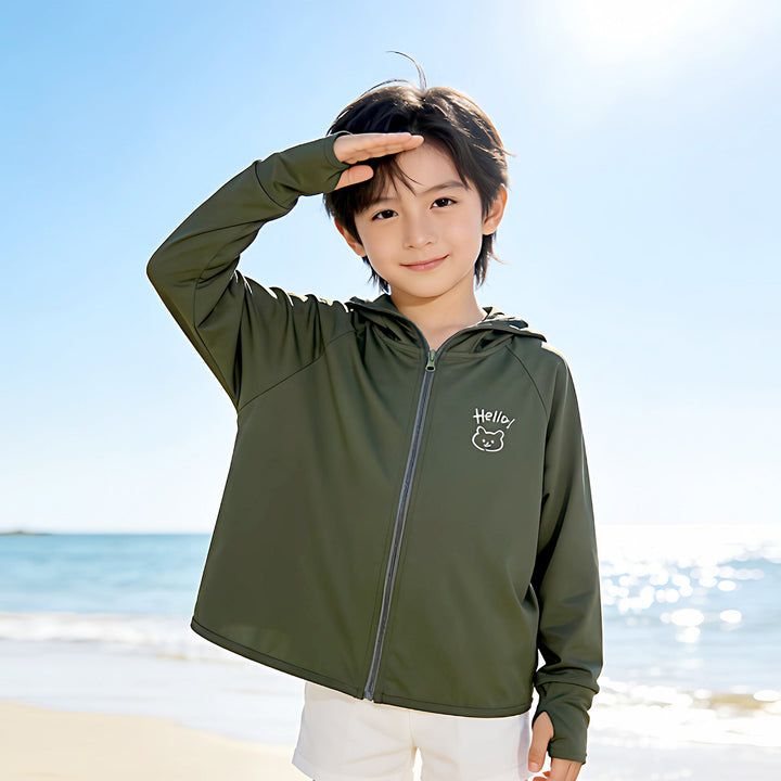 Unisex nan leichte UV-Schutz Kapuzenjacke für Kinder mit durchgehendem Reißverschluss und Daumenlöchern Drune