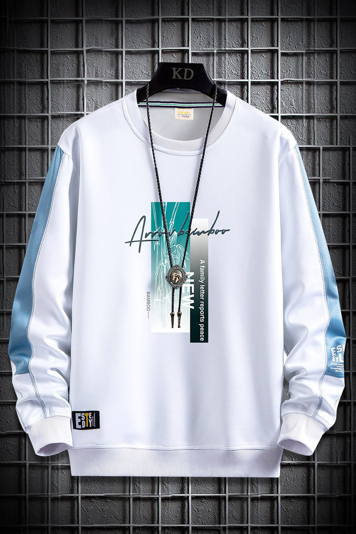 Herren Sportlich‑urbanes Rundhals‑Sweatshirt mit Kontrastärmeln, gerippten Bündchen & frontalem Grafikprint Drune