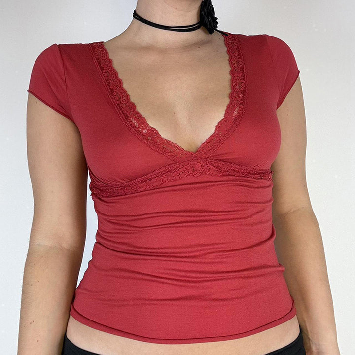 Damen Elegantes Oberteil mit Spitzen- und Drapierungselementen Drune